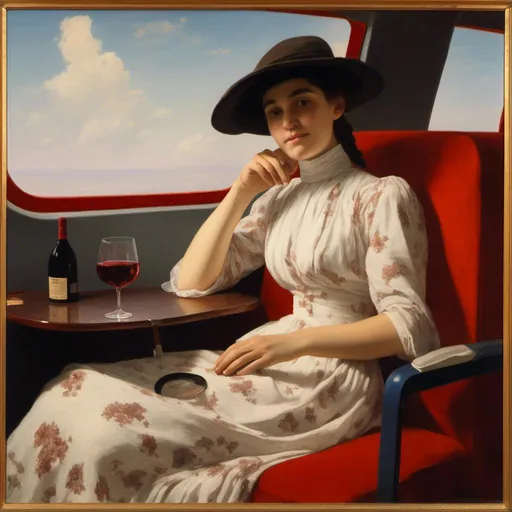 Prompt: a 21-year-old woman in a long flower print Empire Dress with a high neck line and white hat sitting on an airplane seat with a hat on her head drinking a glass red wine,  and a plane in the background with a window  drinking red wine,<mymodel> 