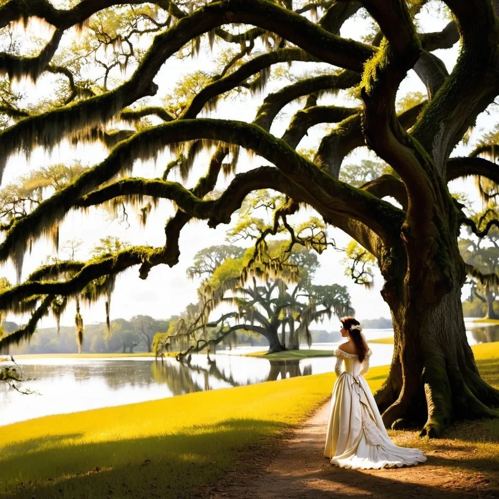 Prompt: French, Evangeline standing under an oak tree Spanish moss  looking  towards  a Bayou waiting for her lost love Gabriel 18th century