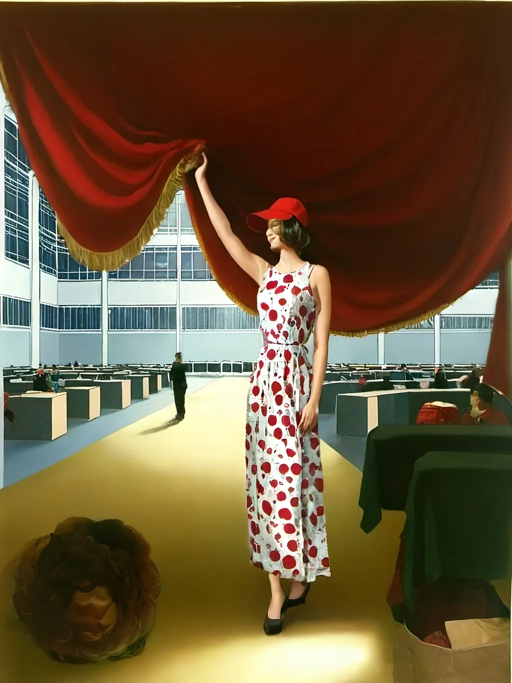 Prompt: a painting of a woman in a red hat and dress standing  in a room. She is raising up with his a hand  red fabric room divider,  to reveal (a very large room with a computer center, the center is fill with many centers and workers. the working are working at the time. the computer center is run by a shadowy secret government organizations).  The room divider is  hanging from the ceiling running wall to wall.  the room divide look like a curtain. , american scene painting, painting, a painting