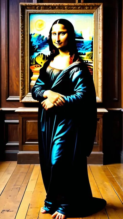 Prompt: Mona Lisa,  standing on a wood floor. wood house studio, full from head to toe body shot