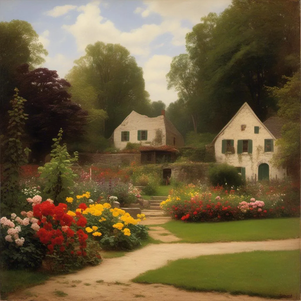 Prompt: a painting of a garden with flowers and a stone house in the background with a path leading to it, in the style of by Albert Bierstadt, American scene painting, an oil painting <mymodel>