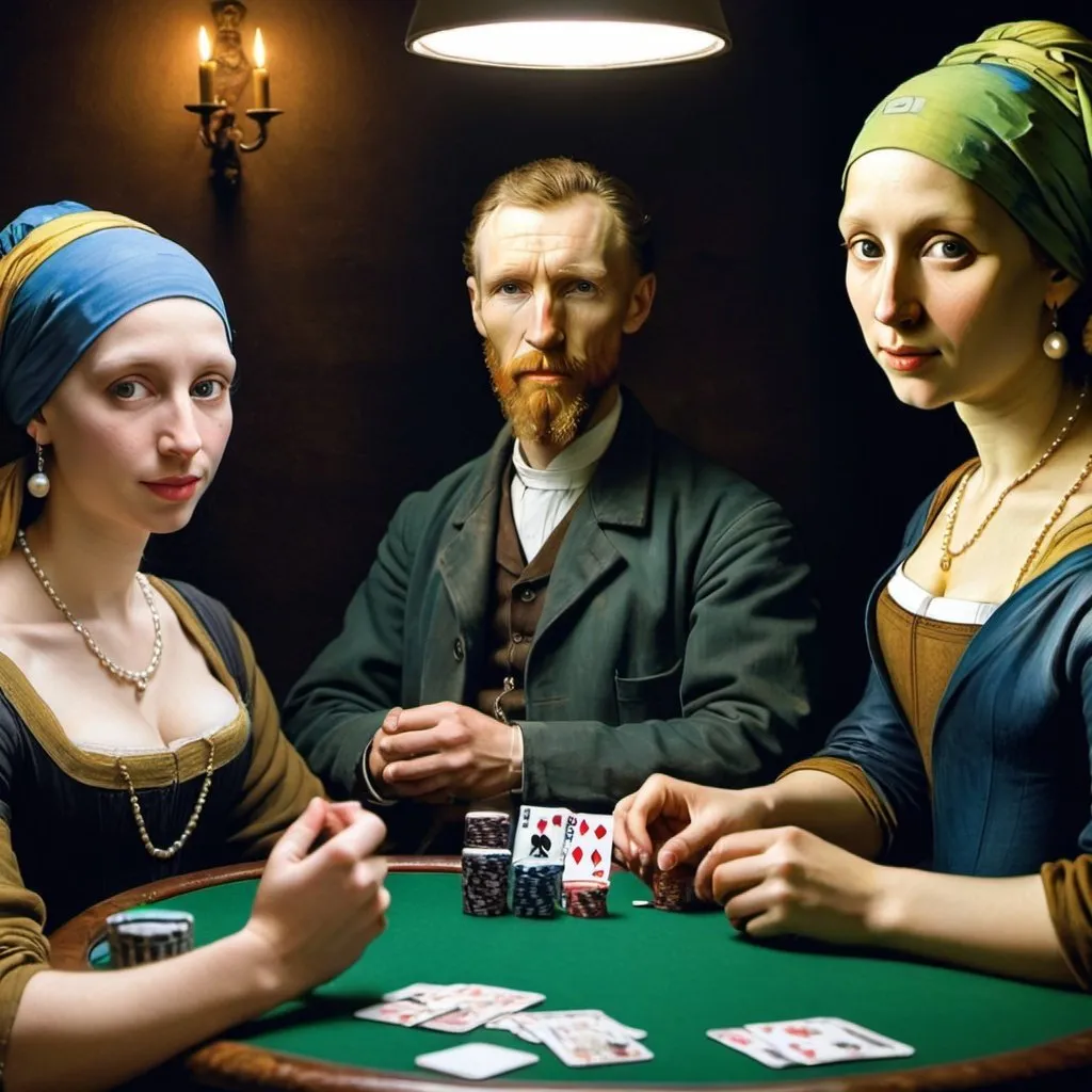 Prompt: "Mona Lisa", "Vincent van Gogh",  and "the girl with the pearl earring"
 playing poker