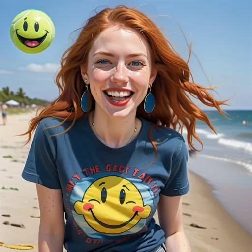 Prompt: photorealistic portrait of a [(27 year-old woman),  (cover with dark freckle), (green eyes), (long ginger hair), (red lipstick), (a smile on her face),(earrings with a SMILEY face on it's earring hooks), (smiley  T-shirt), (long blue jean), (red and blue tennis shoes),]on the beach, looking very excited at an attacking spaceships