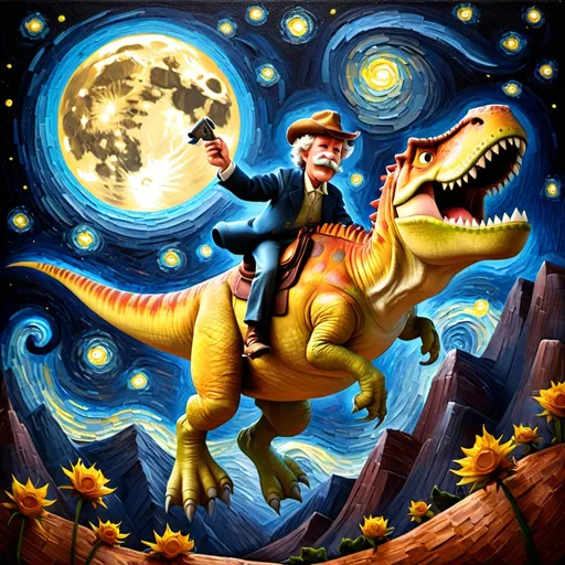 Prompt: a painting of Mark Twain wearing cowboy hat riding tyrannosaurus, that is jumping over the Moon. in the style of "The Starry Night" by Vincent van Gogh