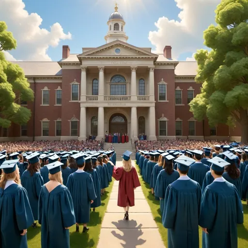 Prompt: Create a UHD, 64K, professional oil painting in the style of Carl Heinrich Bloch, blending the American Barbizon School and Flemish Baroque influences. Depict a lively and jubilant college graduation ceremony set in a grand outdoor courtyard. The scene is filled with graduates in traditional caps and gowns, their faces beaming with pride and excitement. In the foreground, a young graduate stands tall, holding her diploma, surrounded by friends and family celebrating the moment. The backdrop includes a majestic, ivy-covered college building with classic architectural elements such as columns and arches. The sky is a clear, brilliant blue, and sunlight bathes the entire scene, casting warm and welcoming tones. Professors in academic regalia can be seen on a stage, applauding as graduates walk across to receive their diplomas. The atmosphere is festive, with decorations like banners and balloons adding to the joyous occasion. Trees and flowers in full bloom surround the area, enhancing the sense of celebration and new beginnings.