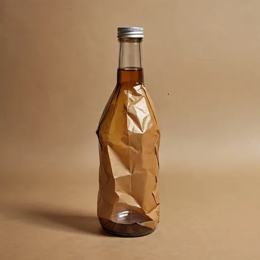 Prompt:  a glass bottle in a wrinkled brown paper.