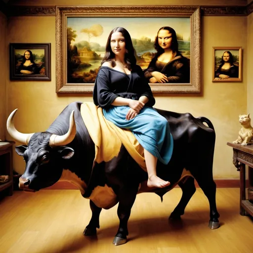 Prompt: Mona Lisa riding a bull  a china shop