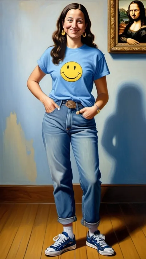 Prompt: a full-length portrait painting,
Mona Lisa,
standing a wax wood floor
a smile on her face, 
gold-earrings-with-a-smiley-face- ON-them,  
smiley-face-T-shirt, 
long blue jean,
blue tennis shoes,
academic art, 
renaissance oil painting
