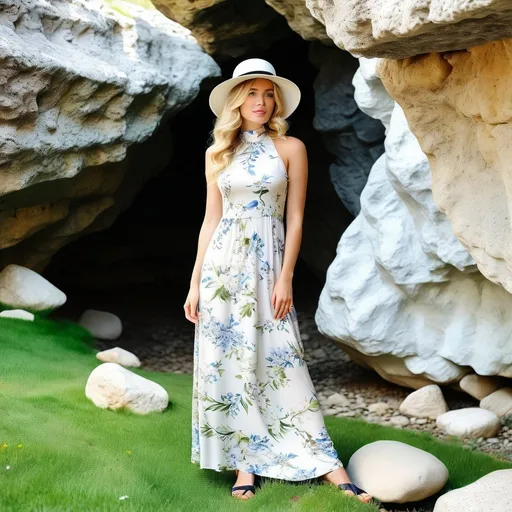 Prompt: a 21-year-old woman in a long flower print Empire Dress with a high neck line and white hat,  standing in a cave with rocks and grass in the background, 
a beautiful expressive face, curly blond hair, full-length, feet, in an amazingly beautiful garden, exactly beautiful photo , highly photo