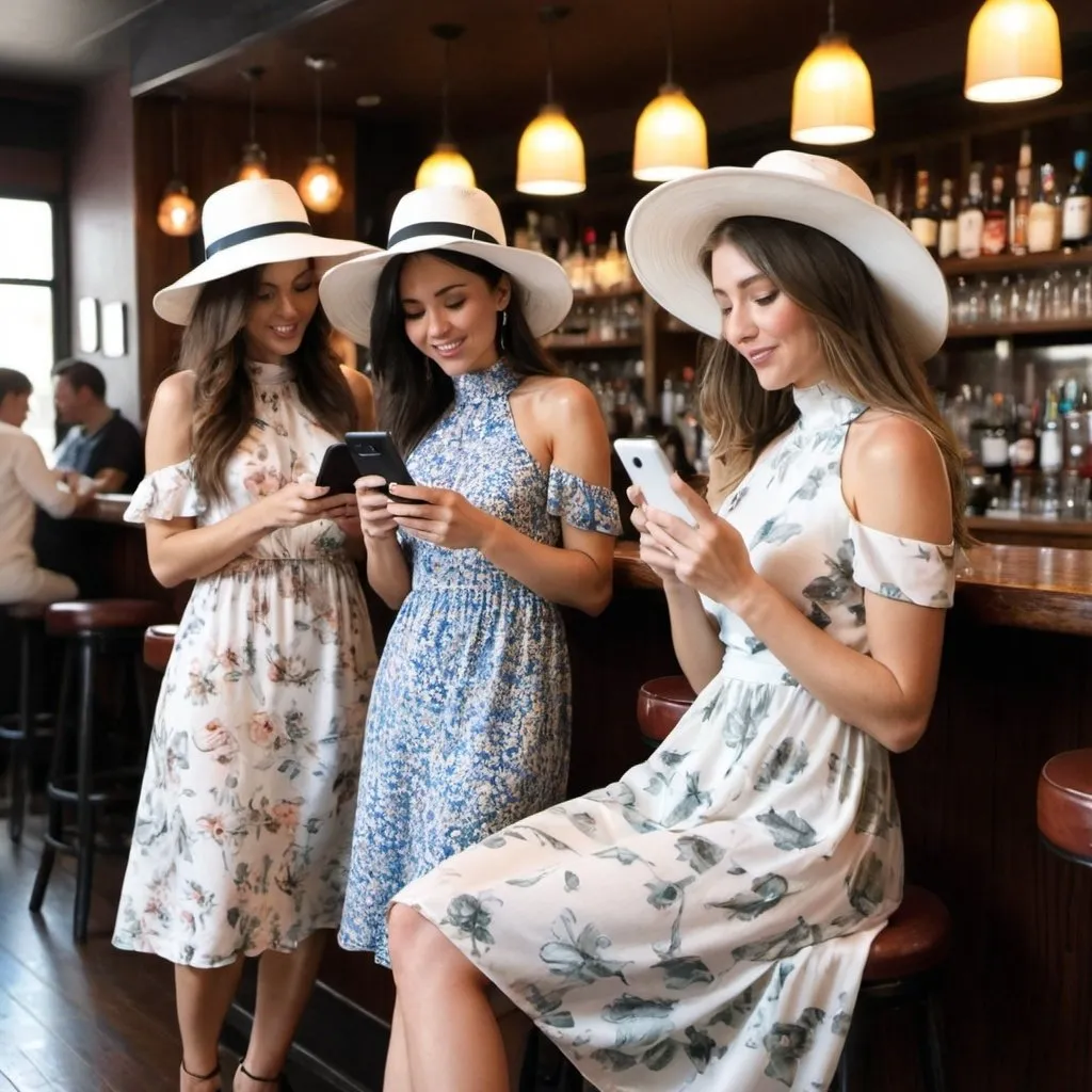 Prompt: three 21-year woman in (( long flower print Empire Dress with a high neck line and white hat))   looking at their phones in a bar together, one of them is looking at their phone, 