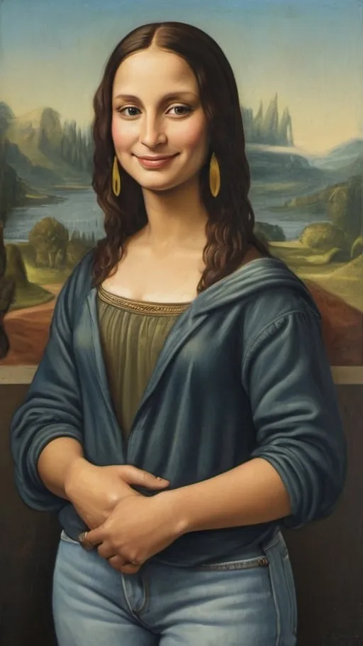 Prompt: a full-length portrait painting,
Mona Lisa,
standing
a smile on her face, 
gold-earrings-with-a-smiley-face- ON-them,  
smiley-face-T-shirt, 
long blue jean,
with a green background and a blue sky,
1970s oil painting,

