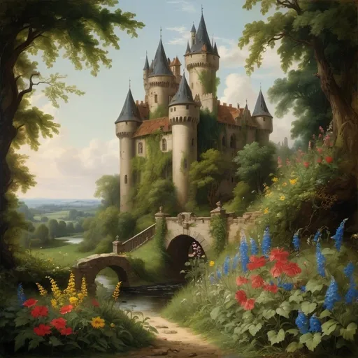Prompt: a painting of a castle  overgrown with vines and wildflowers  with a path leading to it and flowers in front of it and a fence and a stream in a field with flowers and trees around, The castle itself  though old and ruined in many parts had evidently been at one time a place of considerable strength, in the style of Carl Heinrich Bloch, blending the American Barbizon School and Flemish Baroque influences.  
