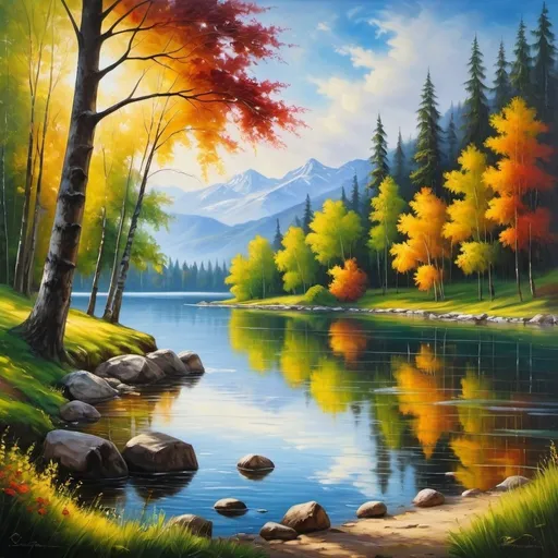 Prompt: Create a UHD, 64K, professional oil painting Depict Beside the lake, beneath the trees,