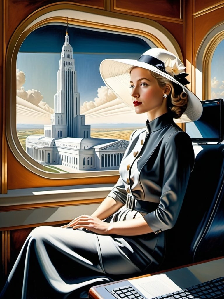 Prompt: a (( 21-year-old woman in a long flower print Empire Dress with a high neck line and white hat)) sitting on an airplane seat with a hat on her head and a ((a photo of a very large room with a computer center. the  center is fill with many centers and  workers. the working are working at the time. the computer center is run by a shadowy secret government organizations)) in the background with a window, Annie Leibovitz, precisionism, promotional image, an art deco painting