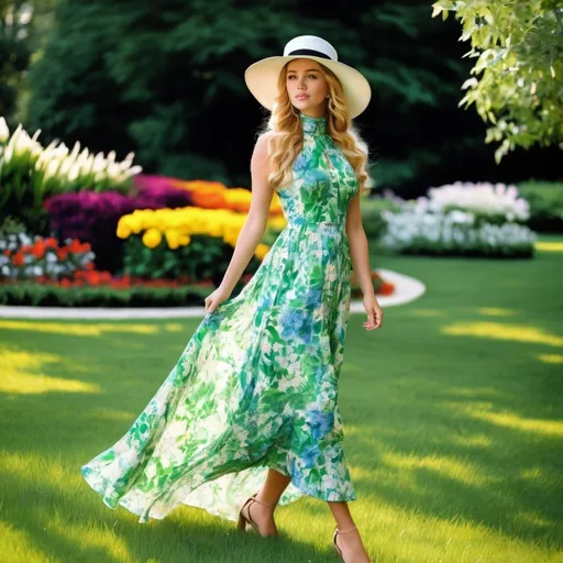 Prompt: a 21-year-old woman in  a  long flower print  Empire Dress with a high neck line and white hat,  standing on the green grass, a beautiful expressive face, curly blond hair,  full-length,  feet, in an amazingly beautiful garden,  exactly beautiful photo  , highly photo, full-length photo,  1970s oil painting