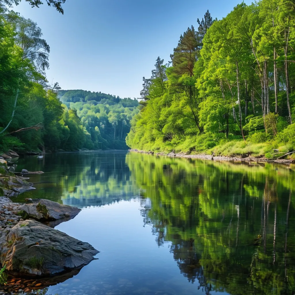 Prompt: A peaceful river surrounded by nature, The water is clear, and the surroundings are lush and green 