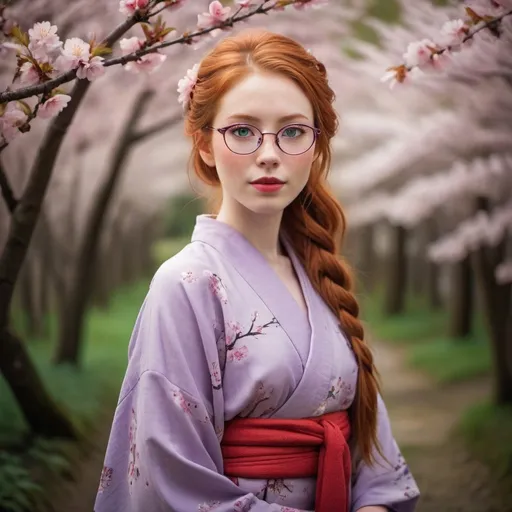 Prompt: ((25-year-old woman, green eyes. cover with dark freckle. long ginger hair ginger in a French braid. wearing lipstick red. purple broad rimmed eyeglasses))  in a kimono, serene forest setting, full-body shot, long ginger  hair  in a French braid, open eyes, detailed, traditional Japanese art style, vibrant colors, peaceful atmosphere, cherry blossom trees, elegant pose, long flowing sleeves, serene expression, atmospheric lighting, professional, too small clothing