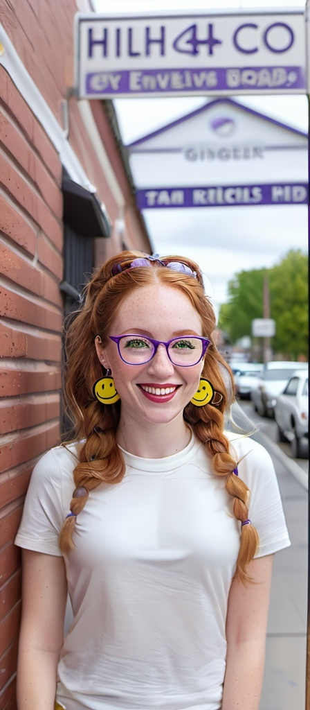 Prompt:  portrait of a smiling 27 year-old woman. green eyes. cover with dark freckle. long ginger hair ginger in a French braid.   wearing  red lipstick. purple broad rimmed eyeglasses.  1970s yellow smiley face earrings,  and  white t-shirt with a 1970s yellow smiley face. photo.