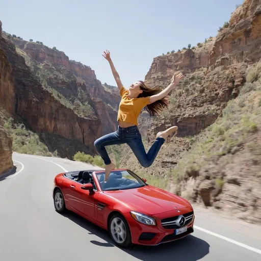 Prompt: 27 year-old woman.  jumping over a canyon while,  she  is in and  driving a convertible 