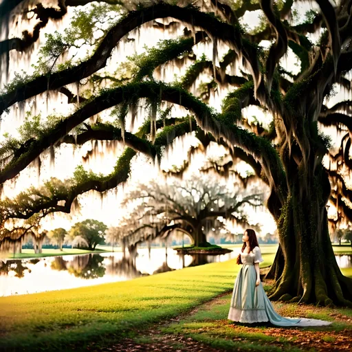 Prompt: 18th century French, Evangeline standing under an oak tree Spanish moss  looking  at  the  Bayou waiting for her forever lost love Gabriel 