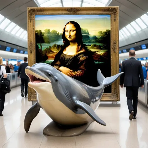 Prompt: Mona Lisa  riding a dolphin  in  an airport