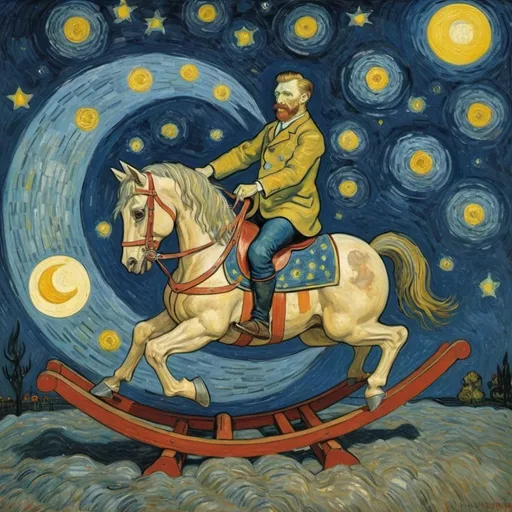 Prompt: A dictator  riding a "rocking horse" that is jumping over the Moon.  in  "The Starry Night" by Vincent van Gogh