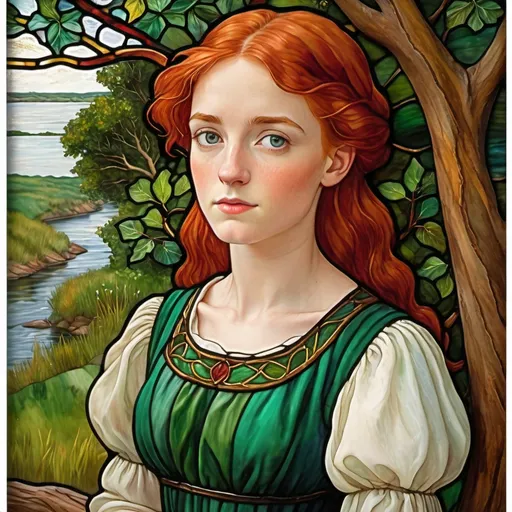 Prompt: a painting of a woman with red hair and a green dress and a white shirt and a tree and a river, Anne Said, pre-raphaelitism, pre - raphaelite, an ultrafine detailed painting

Anne Shirley at age of 21, by L. M. Montgomery