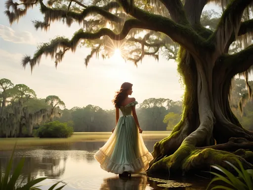 Prompt: "Journey back to the romantic and mystical atmosphere of 18th-century French Louisiana as you depict the iconic figure of Evangeline standing beneath the spreading branches of a majestic oak tree draped in Spanish moss. Let the soft, ethereal light of the bayou filter through the moss and leaves, casting gentle shadows on Evangeline's figure.

Capture the depth of Evangeline's emotions as she gazes out across the tranquil waters of the bayou, her eyes filled with longing and hope as she waits for her forever lost love, Gabriel. Infuse your artwork with a sense of melancholy and nostalgia, reflecting Evangeline's enduring devotion and the timeless themes of love and loss.

Experiment with color, texture, and brushstrokes to convey the lush beauty of the Louisiana landscape and the timeless allure of Evangeline's character. Whether you choose to depict her in a moment of quiet contemplation or with a hint of movement as a gentle breeze stirs the moss and ripples the water, let your imagination transport viewers to a world of romance and enchantment.