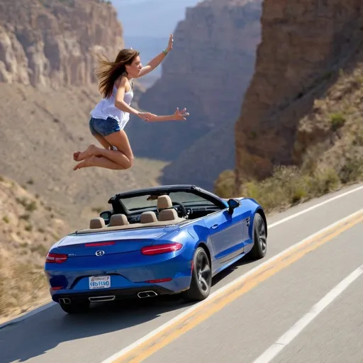 Prompt: 27 year-old woman.  is in and  driving a convertible  that is  jumping over a canyon while,