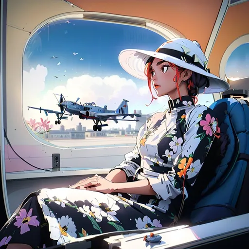 Prompt: a (( 21-year-old woman in a long flower print Empire Dress with a high neck line and white hat)) sitting on an airplane seat with a hat on her head and a plane in the background with a window, Annie Leibovitz, precisionism, promotional image, an art deco painting