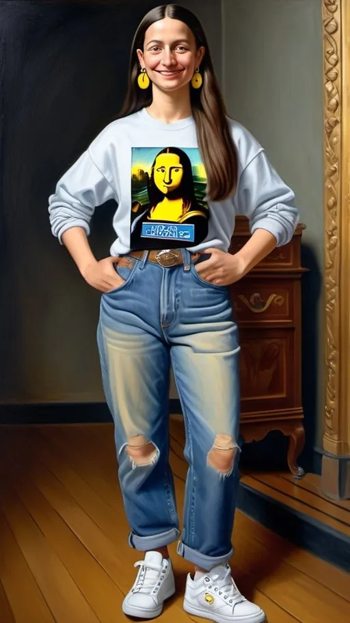 Prompt: a full-length portrait painting,
Mona Lisa,
standing a wax wood floor
a smile on her face, 
gold-earrings-with-a-smiley-face- ON-them,  
Josquin des Prez-T-shirt, 
long blue jean,
blue tennis shoes,
academic art, 
renaissance oil painting
