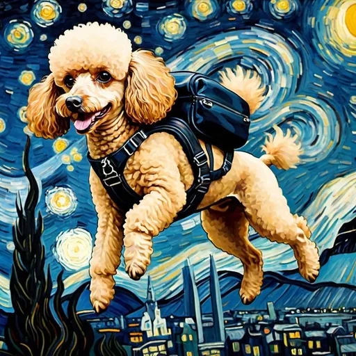 Prompt: a Poodle skydiving  in "The Starry Night" by Vincent van Gogh