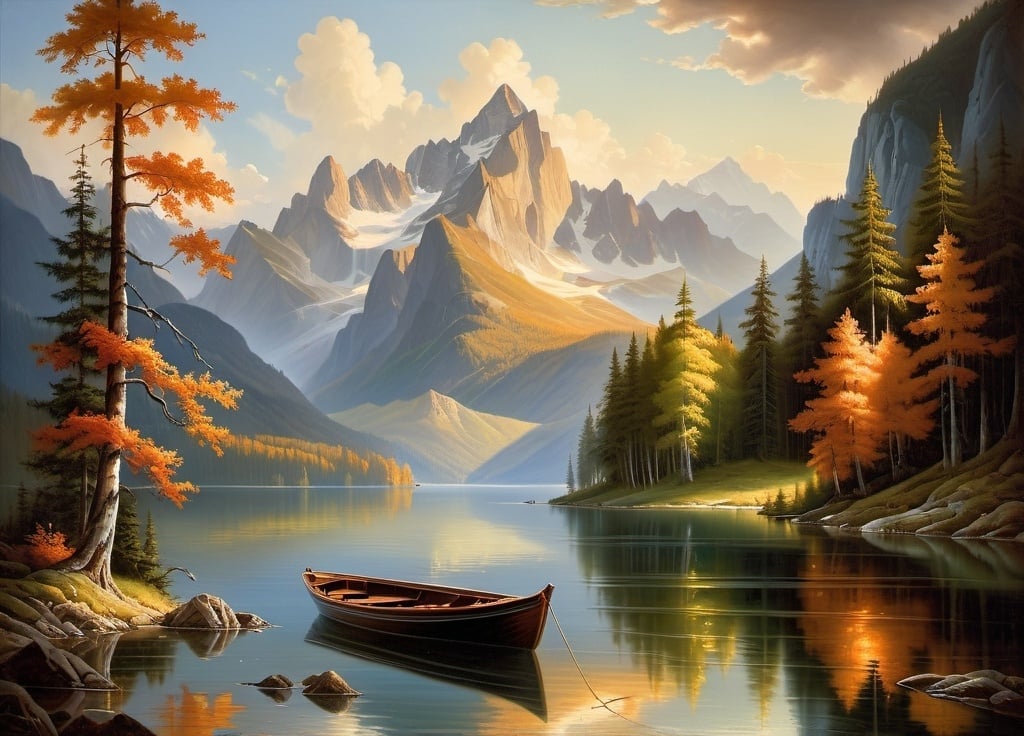 Prompt: a painting of a boat on a lake with mountains in the background and a forest in the foreground, Christophe Vacher, american scene painting, beautiful landscape, a detailed matte painting
