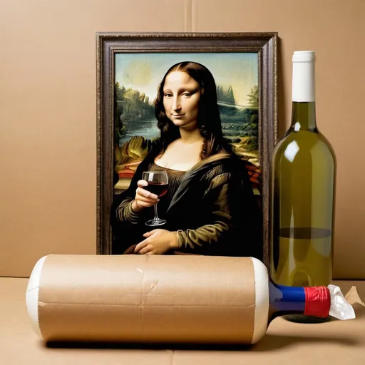 Prompt: Mona Lisa drinking from "a wine bottle that is wrap in a brown paper."