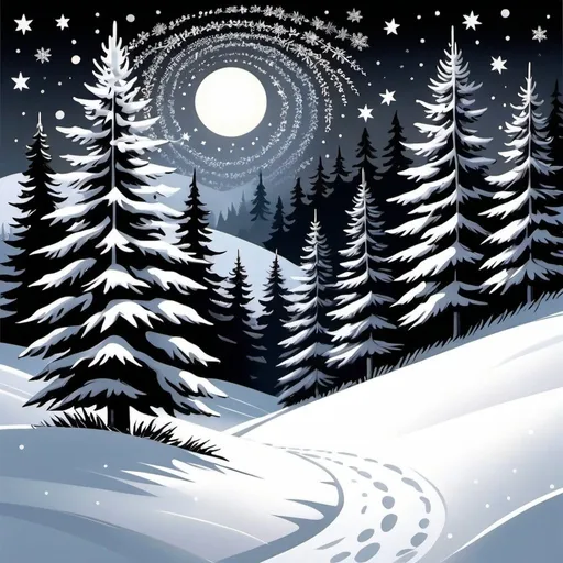 Prompt: "The night was clear and frosty, all ebony of shadow and silver of snowy slope; big stars were shining over the silent fields; here and there the dark pointed firs stood up with snow powdering their branches and the wind whistling through them."

Lucy Maud Montgomery, Anne of Green Gables (1908)
