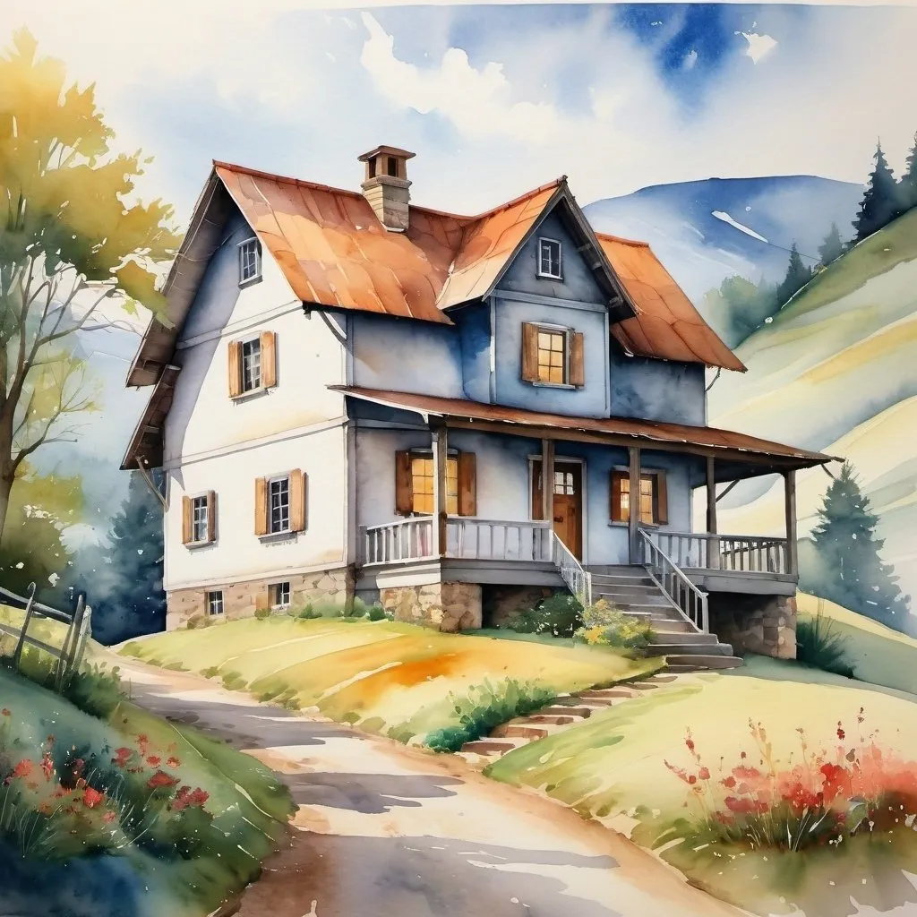 Prompt: Create a UHD, 64K, professional Watercolor painting,  rustic home situated on a gentle hill,
The house is a quaint,
