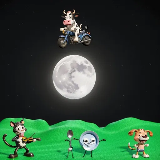 Prompt: a cartoon

a cow is riding her motorcycle,  and jumping over the top of the full moon.

cat is playing his fiddle with  his bow.

a  spoon with legs arms and hands is running away with  a dinner plat with legs arms and hands.

a  little dog  is laughing.

pop surrealism, full moon, a storybook illustration
