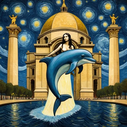 Prompt: Mona Lisa riding a  dolphin through the Arc de Triomphe in the style of "The Starry Night" by Vincent van Gogh