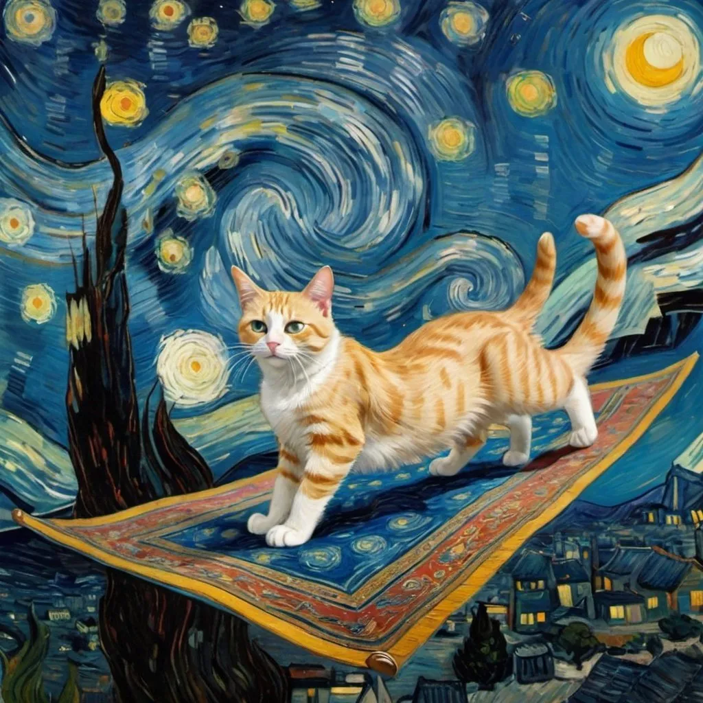 Prompt: a cat flying on a "magic carpet" in "The Starry Night" by Vincent van Gogh