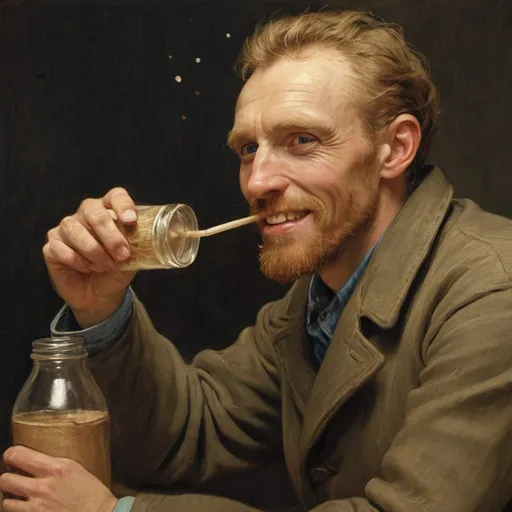 Prompt: Vincent van Gogh smiling while drinking through a straw stuck in an open glass bottle that is wrap in a brown paper, in  "The Starry Night" by Vincent van Gogh