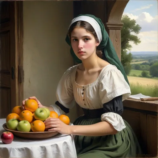 Prompt: Create a professional oil painting blending the styles of Carl Heinrich Bloch, the American Barbizon School, William-Adolphe Bouguereau, and Flemish Baroque art. Depict a young woman in a serene, rustic setting, engaged in a domestic task, wearing a traditional dress.

Subject: A young woman in a 19th-century rural setting, arranging a bowl of oranges and apples on a wooden table covered with a white cloth.

Dress:

Bodice: Fitted with a round neckline, featuring a black overlay 

Sleeves: Black overlay with large, puffed sleeves ending below the elbow, revealing green undershirt sleeves gathered at the cuffs.
Skirt: Long, full, deep green fabric.
Details: White headscarf covering her hair, tied loosely at the back.
Composition: Position the woman centrally, leaning slightly over the table, with her hands gently touching the fruit. Her expression is serene and focused.

Background: Rustic interior with an arched doorway opening to a lush, green landscape with rolling hills, distant trees, and a bright blue sky with white clouds.

Lighting: Chiaroscuro with light coming from the right, illuminating her face and hands, casting soft shadows on the table and fruit. The background has gentle, natural light contrasting with the darker interior.

Detail and Realism: Emphasize textures and details of the dress, fruit, and setting. The fabric should look realistic with visible folds. The fruit should appear fresh and vibrant.

Color Palette: Rich, deep tones. The dress is black with a deep green skirt, contrasted by the white headscarf and undershirt. The fruit should be vibrant with natural hues. The background should have earthy tones and lush greens.

Atmosphere: Calm and reflective, capturing a timeless moment of simplicity and beauty in rural life.
