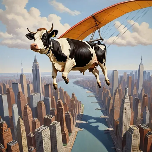 Prompt: A cow,  flying over New York city  on hang glider, 1970s oil painting,

