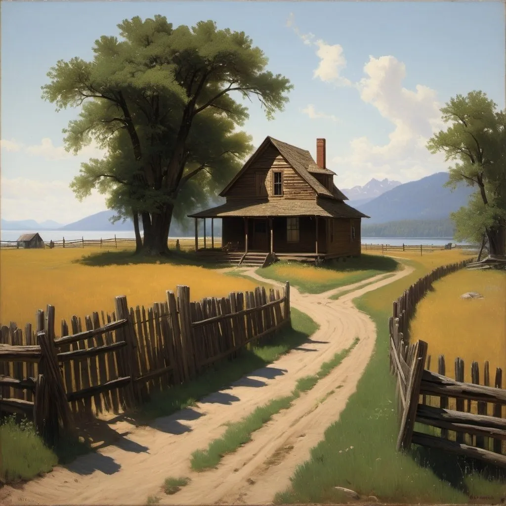 Prompt: "The small wooden house, with its shingled roof and faded paint, stood at the end of a dirt road, surrounded by a makeshift fence."

Stephen Crane, Maggie: A Girl of the Streets (1893)

Bierstadt Albert, Hudson River School, american scene painting,
