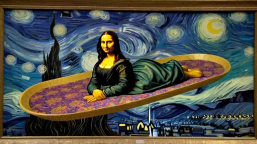 Prompt: "Mona Lisa" flying on a "magic carpet" in "The Starry Night" by Vincent van Gogh