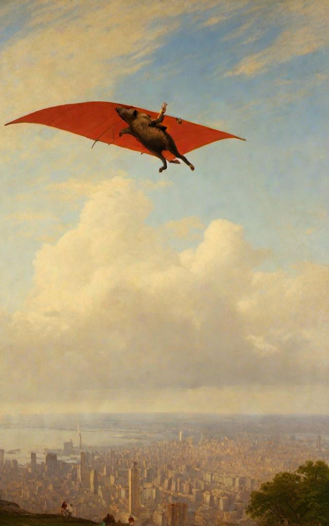 Prompt: a  pig ,  flying over New York city  on hang glider,   
<mymodel>