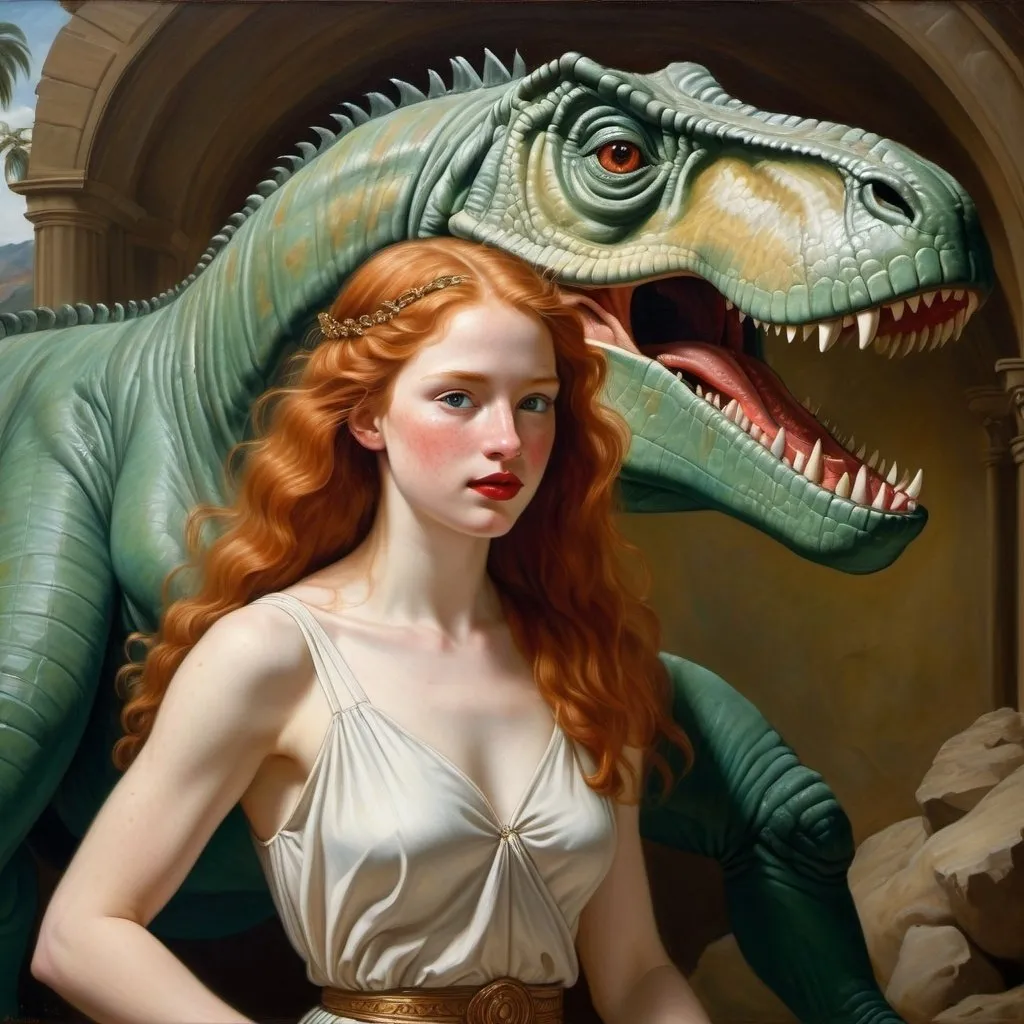 Prompt: a painting of  Helen of Troy cover with dark freckle green eyes  long ginger hair, red lipstick, on a smile on her face, riding a tyrannosaurus  academic art, renaissance oil painting, a painting