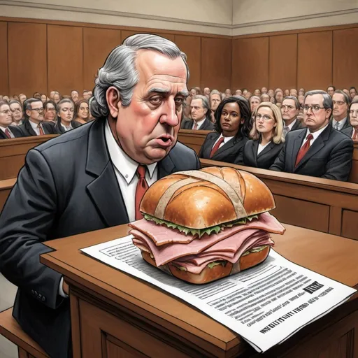 Prompt: "Create a political cartoon depicting an indictment ham sandwich on the witness stand in a courtroom, as viewed by court spectators. Consider the symbolism of the indictment ham sandwich as a commentary on the legal system or political issues. Use exaggerated expressions and gestures from the spectators to convey their reactions to this surreal scenario. Infuse the cartoon with satire and wit to spark reflection and dialogue on the intersection of law, politics, and public perception."