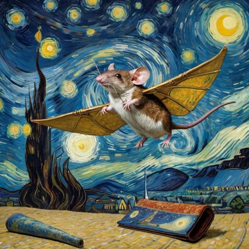 Prompt: A shrew flying on a "magic carpet" in "The Starry Night" by Vincent van Gogh