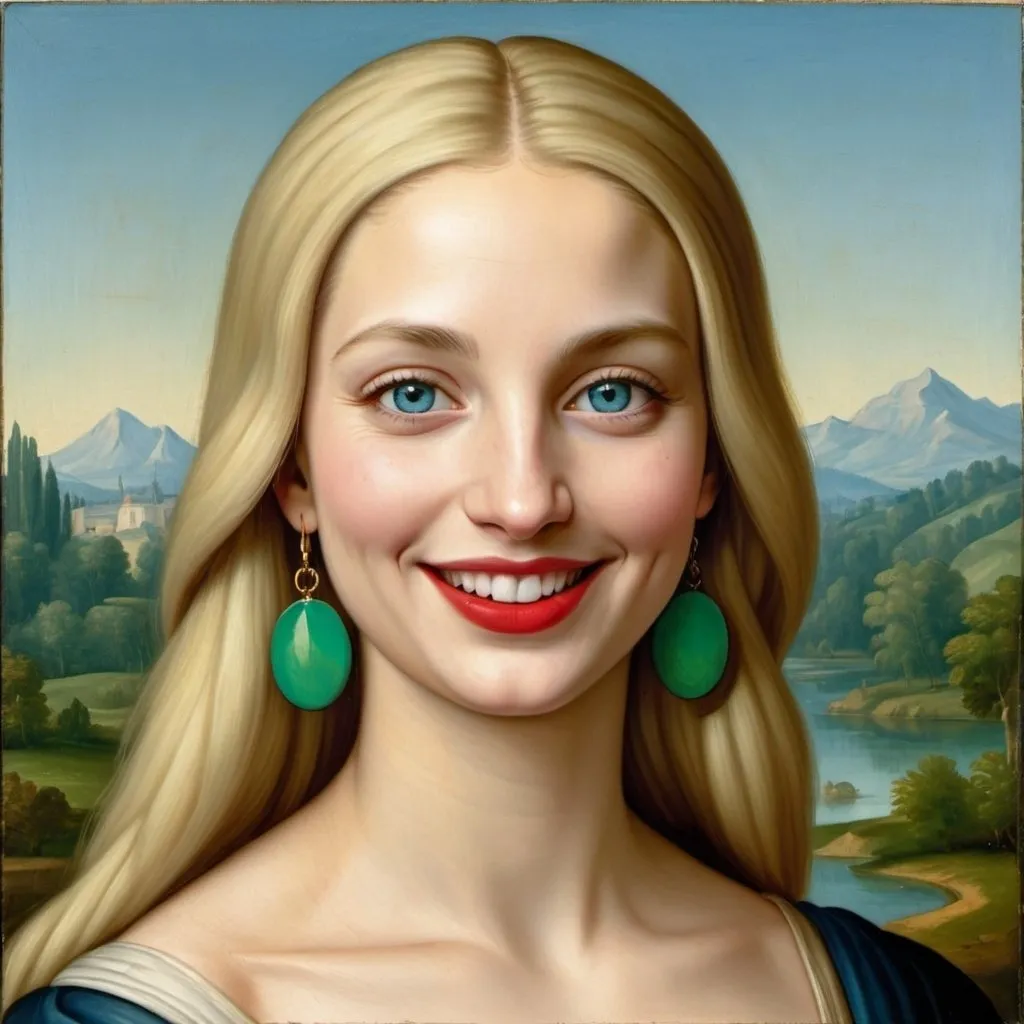 Prompt: a painting of Mona Lisa blue eyes  long blonde hair, red lipstick, on a smile on her face "smiley face earrings", with a green background and a blue sky, Fra Bartolomeo, academic art, renaissance oil painting, a painting