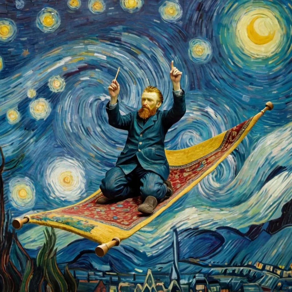 Prompt: "Vincent van Gogh"  flying on a "magic carpet" in "The Starry Night"